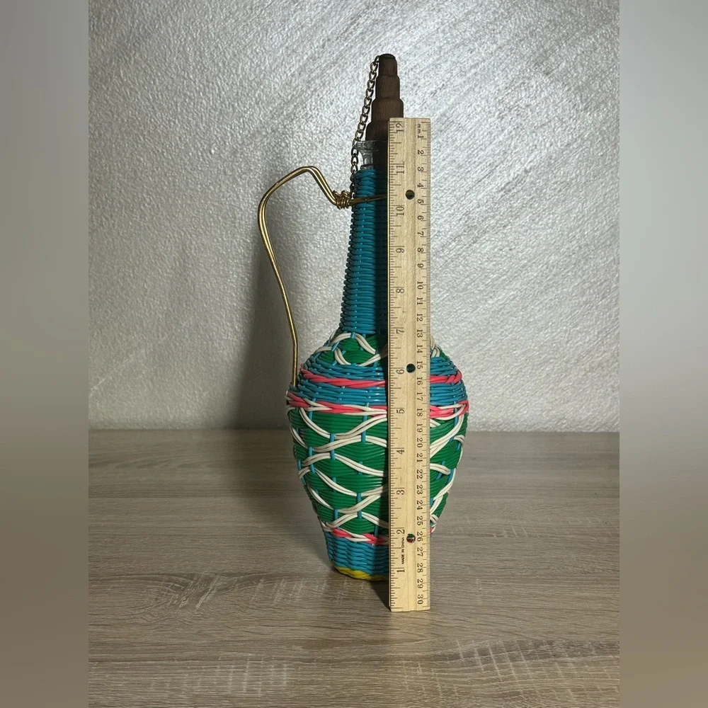 Vintage Spain Wine Bottle Plastic Woven Wicker Metal Handle